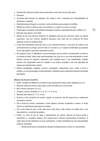 • Sentimental: deixa-se arrastar pelos sentimentos muito mais do que pela razão
• Pecadora
• Torturada pelo remorso do passado: não chega a viver o presente por impossibilidade de
abandonar o passado
• Redimida pela purificação no convento: saída romântica para solução de conflitos
• Modelo da mulher romântica: para os românticos, a mulher ou é anjo ou é diabo
• Personagem modelada: profundidade psicológica evidente; capacidade de gerir conflitos (I,7)
• Marcada pelo destino: amor fatal
• Apesar de ser uma heroína romântica, D. Madalena não luta por nenhuma ordem de valores
superiores, nem por nenhum idealismo generoso, pois nela não se evidencia de forma
particular a luta por qualquer ideal
• O que nela transparece acima de tudo é a sua natureza feminina, o seu amor de mulher a que
prioritariamente se entrega, pois há nela um conceito ou um desejo de felicidade que assenta
numa vida objetiva, concreta à dimensão humana
• De qualquer modo, D. Madalena é uma personagem que se impõe à compreensão, à estima e
à simpatia do leitor, talvez pela espontaneidade com que vive a sua vida sentimental e moral.
Embora procure no segundo casamento uma proteção para a sua instabilidade, mantém
sempre uma integridade moral em relação à sua própria condição e até uma dignidade de
classe que naturalmente a impõe
• Marcas psicológicas: angústia, remorso, inquietação, insegurança, amor, medo e horror à
solidão e é uma personagem tendencialmente modelada porque apresenta bastante densidade
psicológica
Manuel de Sousa Coutinho
• Nobre: cavaleiro de Malta (só os nobres é que ingressavam nessa ordem religiosa) (I,2 e 4)
• Racional: deixa-se conduzir pela razão no que contrasta com a sua mulher
• Bom marido e pai terno (I,4; II,7)
• Corajoso, audaz e decidido (I,7, 8, 9, 10, 11, 12; III, 8)
• Marcado pelo destino (I, 11; II, 3 e 8)
• Encarna o mito romântico do escritor: refúgio no convento, que lhe proporciona o isolamento
necessário à escrita
• Até à vinda do romeiro, representa o herói clássico racional, equilibrado e sereno. A razão
domina os sentimentos pela ação da vontade
• Tem como ideal de vida o culto pela honra, pelo dever, pela nobreza de ações (daí o seu
nacionalismo e o incêndio do palácio)
• Porém, no início do ato III, após o aparecimento do romeiro, Manuel de Sousa perde a
serenidade e o equilíbrio clássico que sempre teve e adquire características românticas. A
razão deixa de lhe disciplinar os seus sentimentos, e estes manifestam-se com descontrolada
violência. Exemplos:
o Revela sentimentos contraditórios (deseja simultaneamente a morte e a vida da filha)

16

 