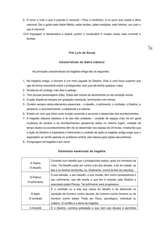 9. O amor a tudo o que é popular e nacional – Para o romântico, é no povo que reside a alma
nacional. Daí o gosto pela Idade Média, pelas lendas, pelas tradições, pelo folclore, por tudo o
que é nacional.
10.A linguagem é declamativa e teatral, porém o vocabulário é muitas vezes mais corrente e
familiar.

16
Frei Luís de Sousa
Caraterísticas do teatro clássico
As principais características da tragédia antiga são as seguintes:
1. Na tragédia antiga, o Homem é um mero joguete do Destino. Este é uma força superior que
age de forma inexorável sobre o protagonista, sem que ele tenha qualquer culpa.
2. Dividia-se em prólogo, três atos e epílogo.
3. Tem poucas personagens (três). Estas são nobres de sentimentos ou de condição social.
4. A ação dispõe-se sempre em gradação crescente, terminando num clímax.
5. Contém sempre vários elementos essenciais – o desafio, o sofrimento, o combate, o Destino, a
peripécia, o reconhecimento, a catástrofe e a catarse.
6. Existia um coro que tinha como função comentar e anunciar o desenrolar dos acontecimentos.
7. A tragédia clássica obedece à lei das três unidades – unidade de espaço (não há em geral
mudança de cenário e os acontecimentos passam-se todos no mesmo lugar), unidade de
tempo (todos os acontecimentos têm de se desenrolar nos espaço de 24 horas, mostrando que
a ação do Destino é imperativa e fulminante) e unidade de ação (a tragédia antiga exige que o
espectador se centre apenas no problema central, sem desvio para ações secundárias).
8. A linguagem da tragédia é em verso
Elementos essenciais da tragédia

A Hybris
O desafio
O Pathos
O sofrimento

Consiste num desafio que o protagonista realiza, após um momento de
crise. Tal desafio pode ser contra a lei dos deuses, a lei da cidade, as
leis e os direitos da família, ou, finalmente, contra as leis da natureza.
A sua decisão, o seu desafio, a sua revolta, têm como consequência o
seu sofrimento, que ele aceita e que lhe é imposto pelo Destino e
executado pelas Parcas. Tal sofrimento será progressivo.
É o combate ou a luta que nasce do desafio e se desenrola na

O Agón

oposição de homens contra deuses, de homens contra homens ou de

O combate

homens contra ideias. Pode ser físico, psicológico, individual ou
coletivo. O conflito é a alma da tragédia.

A Anankê

É o Destino, sombria potestade a que nem aos deuses é permitido

 