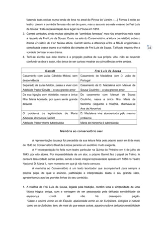 fazendo suas récitas numa tenda de lona no areal da Póvoa do Varzim. (…) Fomos à noite ao
teatro: davam a comédia famosa não sei de quem, mas o assunto era este mesmo de Frei Luís
de Sousa.” Esta representação teve lugar na Póvoa em 1818.
3. Garrett consultou ainda muitas coleções de “comédias famosas” mas não encontrou mais nada
a respeito de Frei Luís de Sousa. Ouviu na sala do Conservatório, a leitura do relatório sobre o
drama O Cativo de Fez. Nessa altura, Garrett sentiu a diferença entre a fábula engenhosa e
complicada desse drama e a história tão simples de Frei Luís de Sousa. Tal facto inspirou-lhe a
vontade de fazer o seu drama.
4. Tem-se escrito que este drama é a projeção poética da sua própria vida. Não se devendo
confundir a obra e autor, não deixa de ser curioso mostrar as coincidências entre ambos.
Garrett

Frei Luís de Sousa

Casamento com Luísa Cândida Midosi, sem

Casamento de Madalena com D. João de

descendência

Portugal

Separado de Luísa Midosi, passa a viver com

Casamento de D. Madalena com Manuel de

Adelaide Pastor Deville – o seu grande amor

Sousa Coutinho – o seu grande amor

Da sua ligação com Adelaide, nasce a única

Do

filha: Maria Adelaide, por quem sente grande

Coutinho, nasce a única filha: Maria de

desvelo

Noronha (segundo a história, chamava-se

casamento

com

Manuel

de

Sousa

Ana de Noronha)
O

problema

da

legitimidade

de

Maria

D. Madalena vive atormentada pelo mesmo

Adelaide atormenta Garrett

problema

Adelaide Pastor morre tuberculosa

Maria de Noronha é tuberculosa

Memória ao conservatório real
A representação da peça foi precedida da sua leitura feita pelo próprio autor em 6 de maio
de 1843 no Conservatório Real de Lisboa perante um auditório muito exigente.
A 1ª representação foi feita num teatro particular na Quinta do Pinheiro em 4 de julho de
1843, por oito atores. Por impossibilidade de um ator, o próprio Garrett fez o papel de Telmo. A
censura terá cortado certas partes, sendo o texto integral representado apenas em 1850 no Teatro
Nacional D. Maria II, num momento em que já não havia censura.
A memória ao Conservatório é um texto teorizador que acompanhará para sempre a
própria peça, da qual é anúncio, justificação e interpretação. Dado o seu grande valor,
apresentamos aqui as grandes linhas do seu conteúdo.
1. A história de Frei Luís de Sousa, legada pela tradição, contém toda a simplicidade de uma
fábula trágica antiga, com a vantagem de ser perpassada pela delicada sensibilidade da
esperança

cristã.

Ali

não

há

desespero

pagão.

“Casta e severa como as de Ésquilo, apaixonada como as de Eurípedes, enérgica e natural
como as de Sófocles, tem, de mais do que essas outras, aquela unção e delicada sensibilidade

16

 