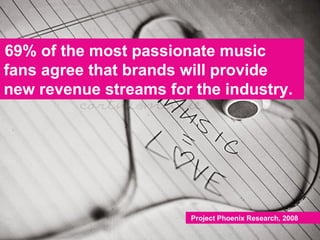 69% of the most passionate music  fans agree that brands will provide new revenue streams for the industry. Project Phoenix Research, 2008 
