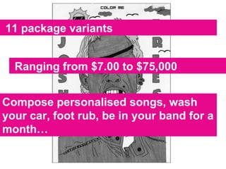 11 package variants Ranging from $7.00 to $75,000 Compose personalised songs, wash your car, foot rub, be in your band for a month… 