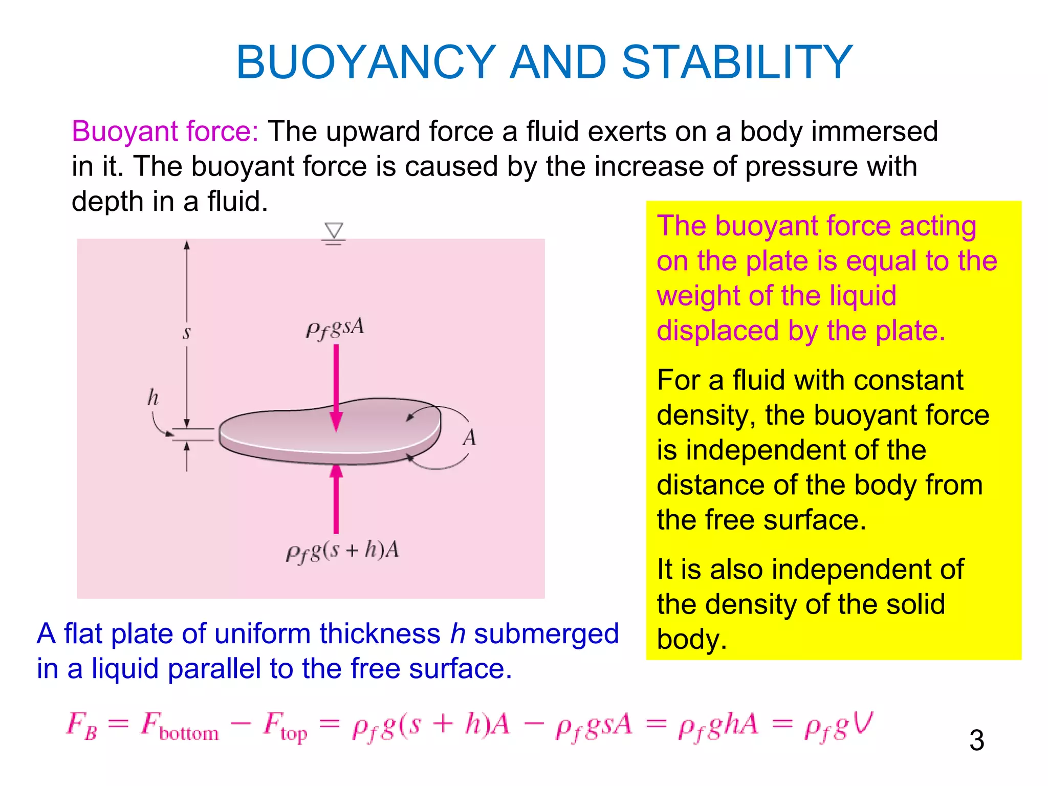 BUOYANCY AND STABILITY
  Buoyant force: The upward force a fluid exerts on a body immersed
  in it. The buoyant force is caused by the increase of pressure with
  depth in a fluid.
                                                 The buoyant force acting
                                                 on the plate is equal to the
                                                 weight of the liquid
                                                 displaced by the plate.
                                                 For a fluid with constant
                                                 density, the buoyant force
                                                 is independent of the
                                                 distance of the body from
                                                 the free surface.
                                                 It is also independent of
                                                 the density of the solid
A flat plate of uniform thickness h submerged    body.
in a liquid parallel to the free surface.

                                                                             3
 