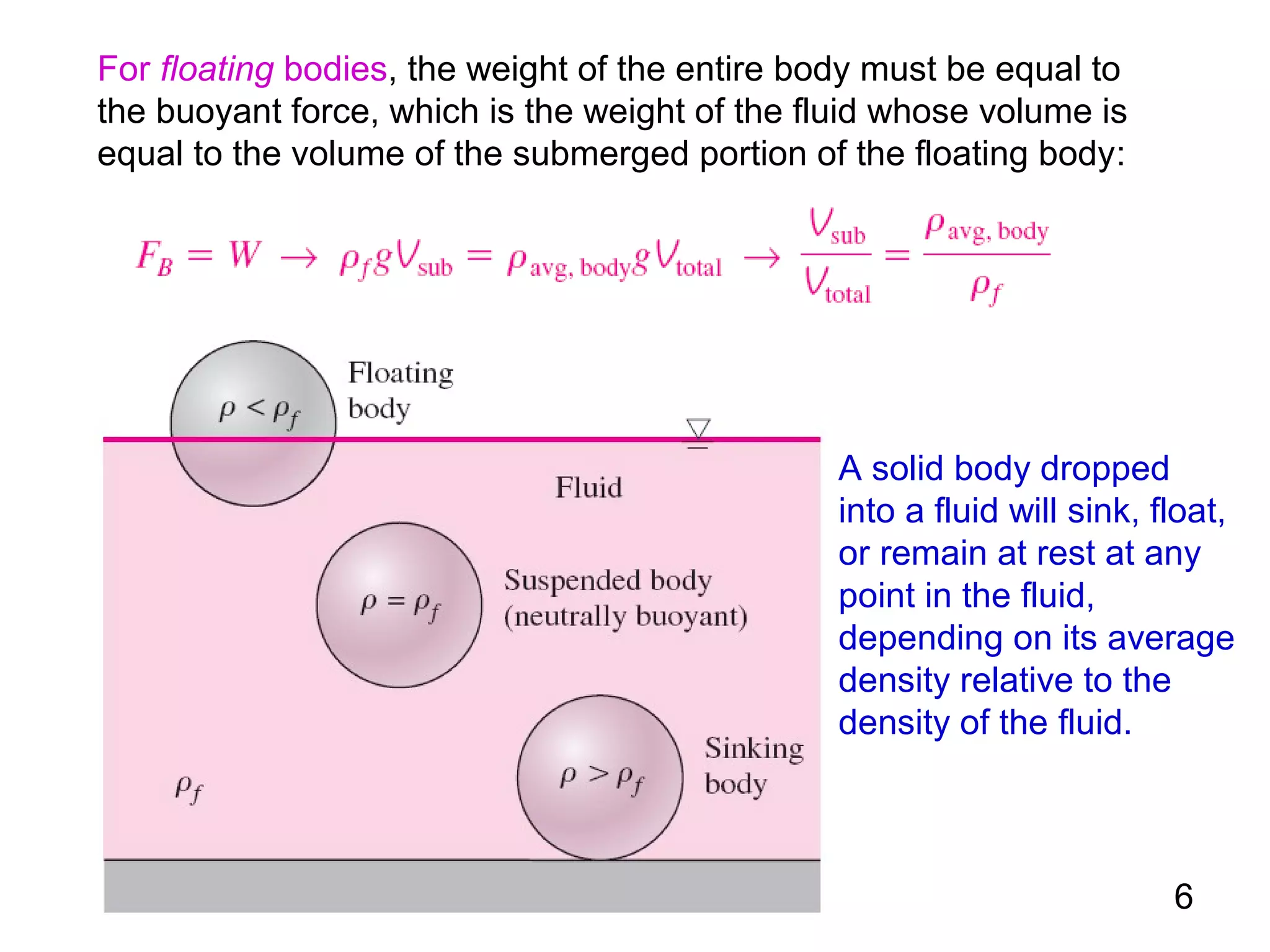 For floating bodies, the weight of the entire body must be equal to
the buoyant force, which is the weight of the fluid whose volume is
equal to the volume of the submerged portion of the floating body:




                                                A solid body dropped
                                                into a fluid will sink, float,
                                                or remain at rest at any
                                                point in the fluid,
                                                depending on its average
                                                density relative to the
                                                density of the fluid.



                                                                         6
 