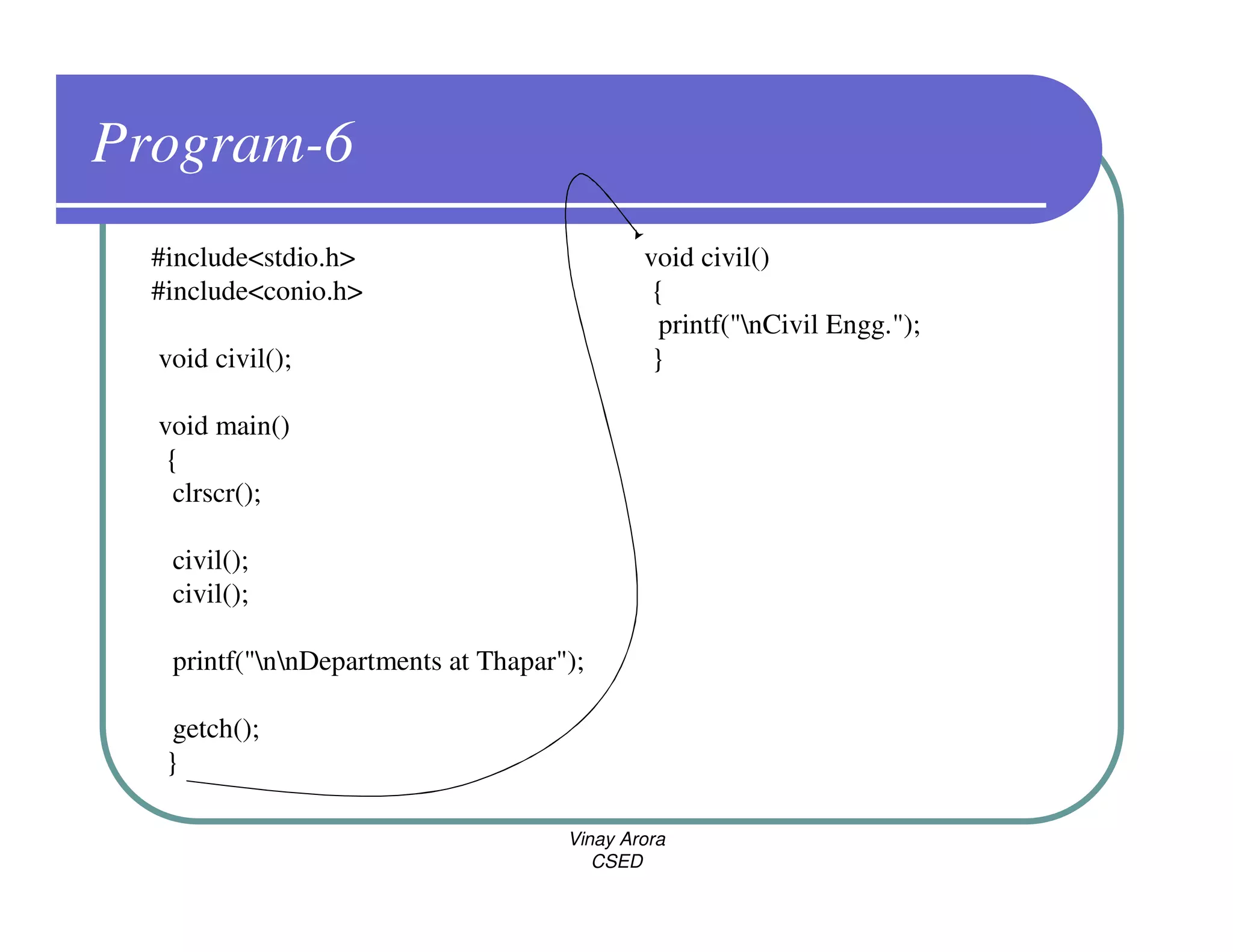 Program-6
  #include<stdio.h>                          void civil()
  #include<conio.h>                           {
                                               printf("nCivil Engg.");
  void civil();                               }

  void main()
   {
    clrscr();

   civil();
   civil();

   printf("nnDepartments at Thapar");

    getch();
   }

                                     Vinay Arora
                                        CSED
 