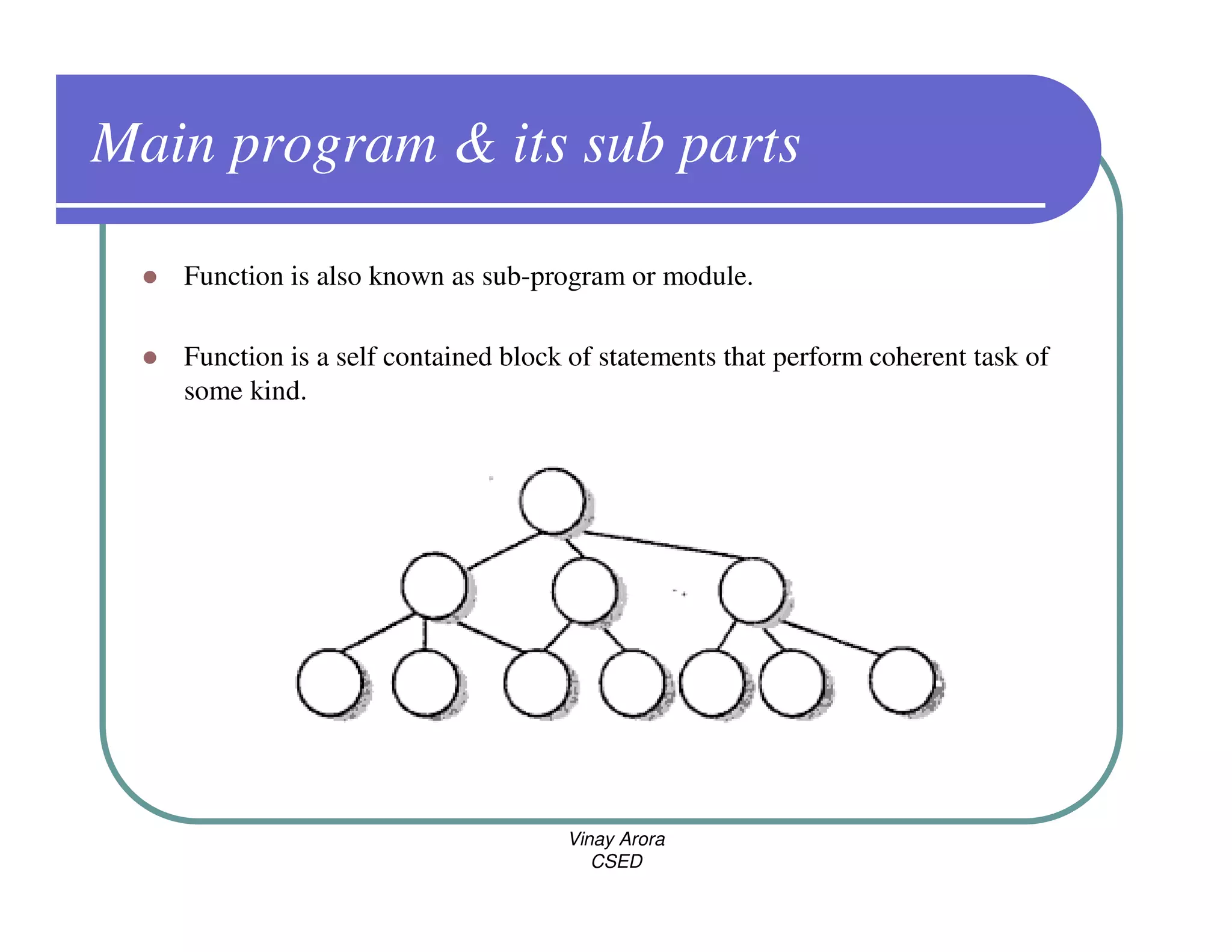 Main program & its sub parts

   Function is also known as sub-program or module.

   Function is a self contained block of statements that perform coherent task of
   some kind.




                                     Vinay Arora
                                        CSED
 