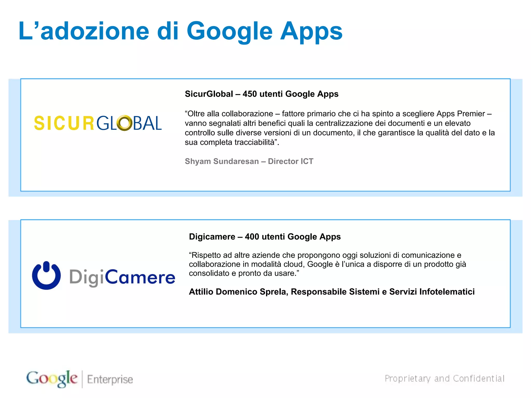 L’adozione di Google Apps SicurGlobal – 450 utenti Google Apps  “ Oltre alla collaborazione – fattore primario che ci ha spinto a scegliere Apps Premier – vanno segnalati altri benefici quali la centralizzazione dei documenti e un elevato controllo sulle diverse versioni di un documento, il che garantisce la qualità del dato e la sua completa tracciabilità”. Shyam Sundaresan – Director ICT Digicamere – 400 utenti Google Apps “ Rispetto ad altre aziende che propongono oggi soluzioni di comunicazione e collaborazione in modalità cloud, Google è l’unica a disporre di un prodotto già consolidato e pronto da usare.”  Attilio Domenico Sprela, Responsabile Sistemi e Servizi Infotelematici 