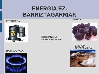 ENERGIA EZ-
            BARRIZTAGARRIAK
                                  IKATZA
PETROLEOA




                 SUBSTANTZIA
                 ERRADIOAKTIBOA

                                   ENERGIA
                                   GEOTERMIKOA
GAS NATURALA
 