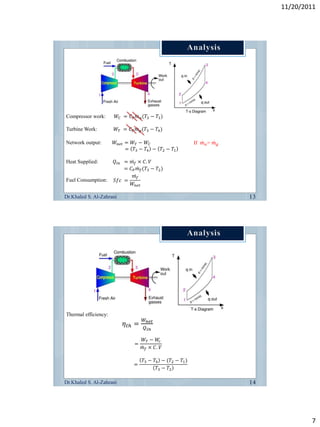 11/20/2011




Compressor work:      𝑊 𝐶 = 𝐶 𝑃 𝑚 𝑎 (𝑇2 − 𝑇1 )

Turbine Work:         𝑊 𝑇 = 𝐶 𝑃 𝑚 𝑔 (𝑇3 − 𝑇4 )

Network output:       𝑊 𝑛𝑒𝑡 = 𝑊 𝑇 − 𝑊 𝐶                    If 𝑚 𝑎 = 𝑚 𝑔
                            = 𝑇3 − 𝑇4 − 𝑇2 − 𝑇1

Heat Supplied:        𝑄 𝑖𝑛 = 𝑚 𝑓 × 𝐶. 𝑉
                           = 𝐶 𝑃 𝑚 𝑓 (𝑇3 − 𝑇2 )
                               𝑚𝑓
Fuel Consumption:     𝑆𝑓𝑐 =
                              𝑊 𝑛𝑒𝑡

Dr.Khaled S. Al-Zahrani




Thermal efficiency:
                                     𝑊 𝑛𝑒𝑡
                          𝜂 𝑡ℎ =     𝑄 𝑖𝑛

                                     𝑊 𝑇 − 𝑊𝑐
                                =
                                    𝑚 𝑓 × 𝐶. 𝑉

                                    𝑇3 − 𝑇4 − (𝑇2 − 𝑇1 )
                                =
                                           𝑇3 − 𝑇2

Dr.Khaled S. Al-Zahrani




                                                                                  7
 
