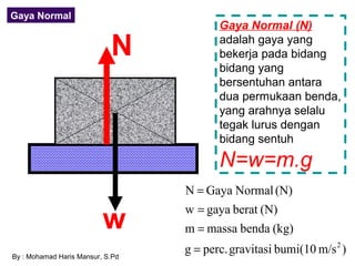Gaya Normal
                                         Gaya Normal (N)

                            N            adalah gaya yang
                                         bekerja pada bidang
                                         bidang yang
                                         bersentuhan antara
                                         dua permukaan benda,
                                         yang arahnya selalu
                                         tegak lurus dengan
                                         bidang sentuh

                                         N=w=m.g
                                  N = Gaya Normal (N)
                                  w = gaya berat (N)
                          w       m = massa benda (kg)

By : Mohamad Haris Mansur, S.Pd
                                  g = perc. gravitasi bumi(10 m/s 2 )
 