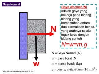 Gaya Normal
                                         Gaya Normal (N)
                                         adalah gaya yang
                                         bekerja pada bidang
                                         bidang yang
                                         bersentuhan antara

                                  N      dua permukaan benda,
                                         yang arahnya selalu
                                         tegak lurus dengan
                                         bidang sentuh

                                         N=w=m.g
                                  N = Gaya Normal (N)
                                  w = gaya berat (N)
                              w   m = massa benda (kg)

By : Mohamad Haris Mansur, S.Pd
                                  g = perc. gravitasi bumi(10 m/s 2 )
 