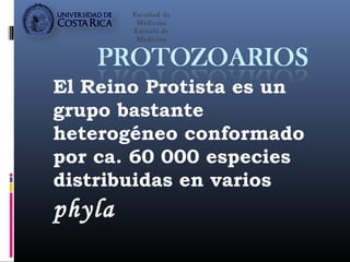 Facultad de
         Medicina
        Escuela de
         Medicina




El Reino Protista es un
grupo bastante
heterogéneo conformado
por ca. 60 000 especies
distribuidas en varios
phyla
 
