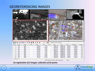 GEOREFERENCING IMAGES 
Co-registration of 2 images: collection of tie points 
13 S E L E C T E D G I S A P P L I C A T I O N S I N MO N G O L I A 
 