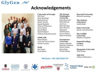 Acknowledgements
University of Georgia
Will York
Rene Ranzinger
Michael Pierce
Robert Woods
Rupali Mahadik
Tatiana Williamson
Sena Arpinar
Sanath Bhatt
Sujeet Kulkarni
Sandeep Nakarakommula
EMBL-EBI
Maria Martin
Leyla Jael Garcia Castro
Preethi Vasudev
NCBI
Kim Pruitt
Evan Bolton
The George
Washington
University
Raja Mazumder
Robel Kahsay
Jeet Vora
Rahi Navelkar
Reza Mousavi
Nagarajan
Pattabiraman
Xavier Holmes
Brian Fochtman
Georgetown
University
Nathan Edwards
Radoslav Goldman
Darren Natale
Karen Ross
Wenjin Zhang
Harvard University
Richard Cummings
The Jackson
Laboratory
Judith Blake
Soka University
Kiyoko Aoki-Kinoshita
The Griffith
University
Matthew Campbell
Imperial College
London
Ten Feizi
Macquarie University
Nicki Packer
NIH-NCI
Jefferey Gildersleeve
NIH Grant - U01 GM125267-01
 