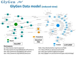 Namespaces
up: http://www.uniprot.org/core/
rdf: http://www.w3.org/1999/02/22-rdf-syntax-ns
rdfs: http://www.w3.org/2000/01/rdf-schema
skos: http://www.w3.org/2004/02/skos/core
faldo: http://biohackathon.org/resource/faldo
ens: http://rdf.ebi.ac.uk/resource/ensembl
gco: http://purl.jp/bio/12/glyco/conjugate
gly: http://glygen-vm-prd.biochemistry.gwu.edu/ontology/
GlyGen Data model (reduced view)
Glycan
Proteoform
Protein
GlycoRDF
UniProtRDF
GlycoCoO
PRO
 