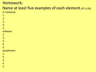Homework;
Name at least five examples of each element.(JIT p.58)
A. hardware
1.
2.
3.
4.
5.
software
1.
2.
3.
4.
5.
peopleware
1.
2.
3.
4.
5.
 