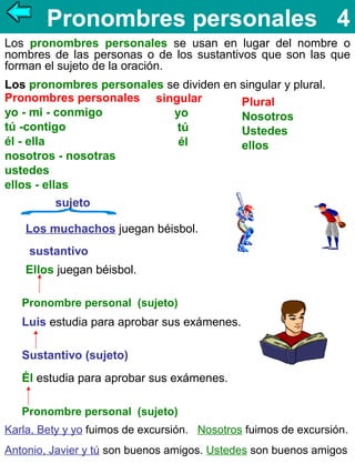 Pronombres personales 4
Los pronombres personales se usan en lugar del nombre o
nombres de las personas o de los sustantivos que son las que
forman el sujeto de la oración.
Los pronombres personales se dividen en singular y plural.
Pronombres personales singular
Plural
yo - mi - conmigo
yo
Nosotros
tú -contigo
tú
Ustedes
él - ella
él
ellos
nosotros - nosotras
ustedes
ellos - ellas
sujeto
Los muchachos juegan béisbol.
sustantivo
Ellos juegan béisbol.
Pronombre personal (sujeto)

Luis estudia para aprobar sus exámenes.
Sustantivo (sujeto)
Él estudia para aprobar sus exámenes.
Pronombre personal (sujeto)
Karla, Bety y yo fuimos de excursión. Nosotros fuimos de excursión.
Antonio, Javier y tú son buenos amigos. Ustedes son buenos amigos

 