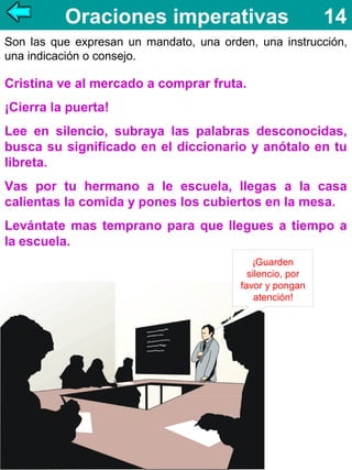 Oraciones imperativas

14

Son las que expresan un mandato, una orden, una instrucción,
una indicación o consejo.

Cristina ve al mercado a comprar fruta.
¡Cierra la puerta!
Lee en silencio, subraya las palabras desconocidas,
busca su significado en el diccionario y anótalo en tu
libreta.
Vas por tu hermano a le escuela, llegas a la casa
calientas la comida y pones los cubiertos en la mesa.
Levántate mas temprano para que llegues a tiempo a
la escuela.
¡Guarden
silencio, por
favor y pongan
atención!

 