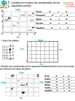 Localiza en el plano las coordenadas de los
puntos
siguientes puntos:

Norte

4

2

panadería

O
este

iglesia

1

Papelería _____ al _____ y ____ al _____

escuela

0

1

2
Sur

3

a
b
c
d
e

4
Norte

• Ubica los objetos.

( 3 ,1 )
( 2 .3 )
( 1 .4 )
( 4 ,4 )
( 7 ,5 )

bic a ción
de puntos
e n un pla no

Policía _____ al _____ y ____ al ______
policía
Panadería _____ al _____ y ___ al _____
Este Iglesia _____ al _____ y ____ al ______
Escuela _____ al _____ y ____ al ______

papelería

3

u

O
este

Este

0

Sur

• Escribe las coordenadas de los siguientes establecimientos toma como punto
de referencia el zócalo del plano.

N
orte

O
este
Z
ócalo

Sur

fo d _ _ _a _ _ _y _ _a _ _ _
na _ _ l __ _ l __
fru ría _ _ _a _ _ _y _ _a _ _ _
te _ _ l _ _ _ l _ _
op l _ _ l _ _ _ l _ _
Este h s ita _ _ _a _ _ _y _ _a _ _ _
flo ría _ _ _a _ _ _y _ _a _ _ _
re _ _ l _ _ _ l _ _
n v ría _ _ _a _ _ _y _ _a _ _ _
ee _ _ l _ _ _ l _ _
z p te _ _ _a _ _ _y _ _a _ _ _
a a ría _ _ l _ _ _ l _ _

 