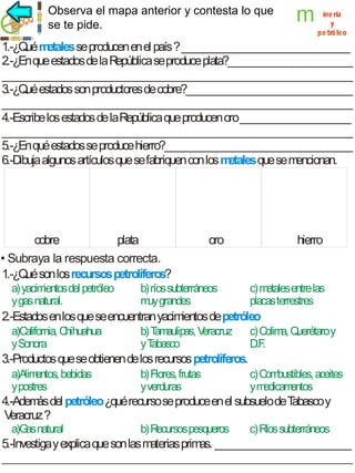 Observa el mapa anterior y contesta lo que
se te pide.

m

ine ría
y
pe tróleo

1.-¿Q m
ué etales se producen en el país ? ________________________________
2.-¿En que estados de la R
epública se produce plata?________________________
___________________________________________________________________
3.-¿Q estados son productores de cobre?________________________________
ué
___________________________________________________________________
4.-Escribe los estados de la República que producen oro _____________________
___________________________________________________________________
5.-¿En qué estados se produce hierro?____________________________________
6.-Dibuja algunos artículos que se fabriquen con los m
etales que se m
encionan.

cobre
plata
• Subraya la respuesta correcta.
1.-¿Q son los recursos petrolíferos?
ué
a) yacim
ientos del petróleo
y gas natural.

oro

b) ríos subterráneos
m grandes
uy

hierro

c) m
etales entre las
placas terrestres

2.-Estados en los que se encuentran yacimientos de petróleo
a)California, Chihuahua
y Sonora

b) T aulipas, V
am
eracruz
yT
abasco

c) Colim Q
a, uerétaroy
D.F
.

3.-Productos que se obtienen de los recursos petrolíferos.
a)A entos, bebidas
lim
y postres

b) Flores, frutas
y verduras

c) Com
bustibles, aceites
ym
edicam
entos

4.-Adem del petróleo ¿qué recurso se produce en el subsuelo de T
ás
abasco y
V
eracruz ?
a)G natural
as

b) Recursos pesqueros

c) Ríos subterráneos

5.-Investiga y explica que son las materias primas. __________________________
___________________________________________________________________

 