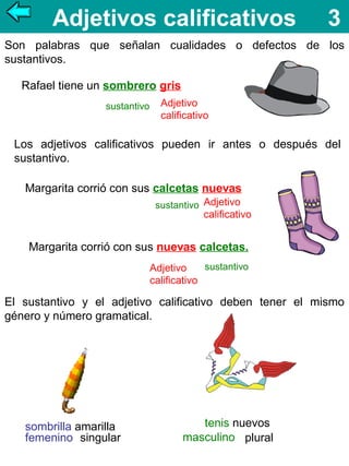 Adjetivos calificativos

3

Son palabras que señalan cualidades o defectos de los
sustantivos.
Rafael tiene un sombrero gris
sustantivo

Adjetivo
calificativo

Los adjetivos calificativos pueden ir antes o después del
sustantivo.
Margarita corrió con sus calcetas nuevas
sustantivo Adjetivo

calificativo

Margarita corrió con sus nuevas calcetas.
sustantivo
Adjetivo
calificativo

El sustantivo y el adjetivo calificativo deben tener el mismo
género y número gramatical.

sombrilla amarilla
femenino singular

tenis nuevos
masculino plural

 