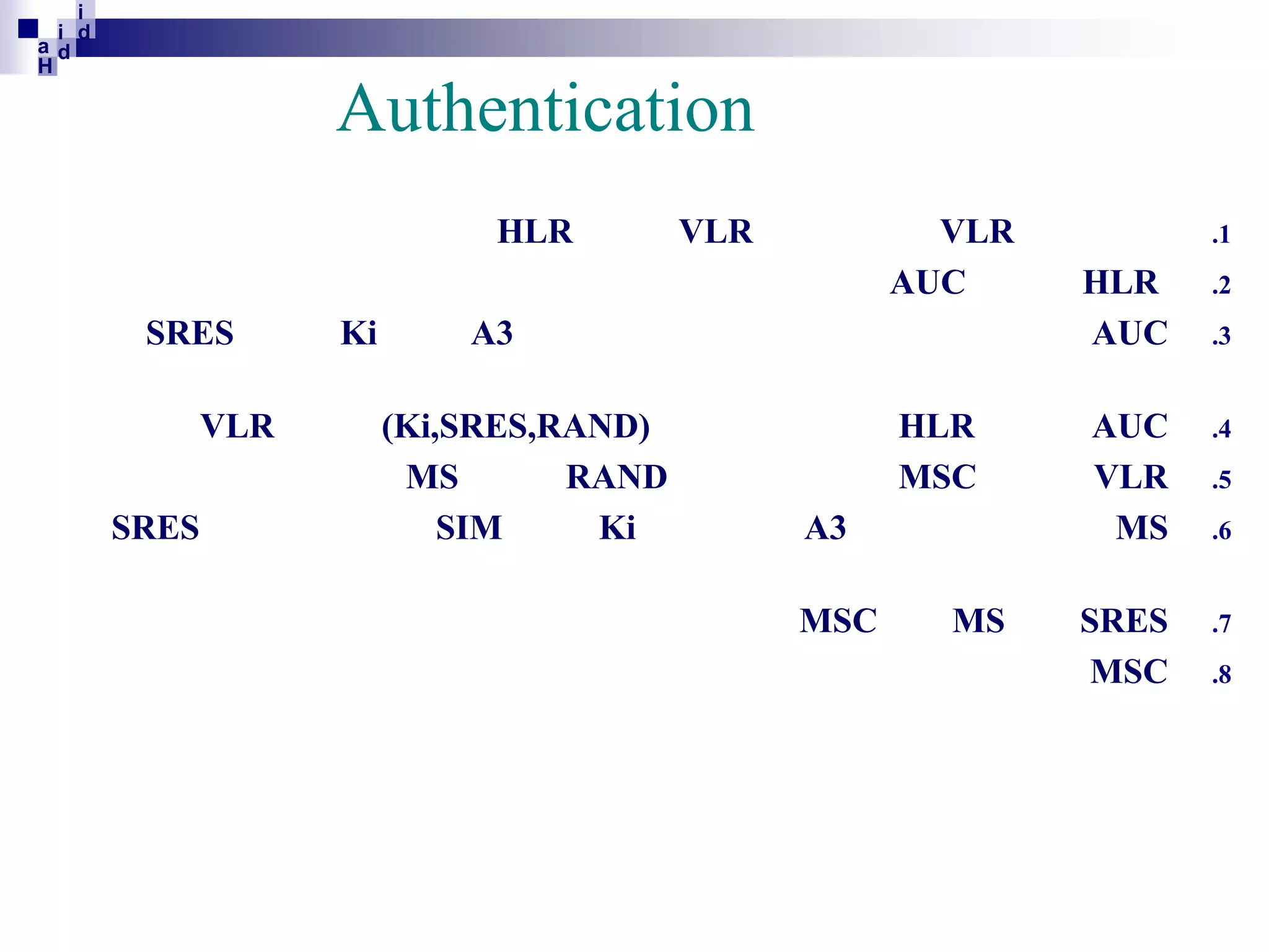i
i d
ad
H

Authentication
HLR
SRES
VLR
SRES

Ki

VLR

VLR
AUC

A3
(Ki,SRES,RAND)
MS
RAND
SIM
Ki

HLR
MSC
A3
MSC

MS

.1

HLR
AUC

.2

AUC
VLR
MS

.4

SRES
MSC

.7

.3

.5
.6

.8

 