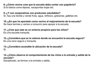 8.-¿Cómo vecino cree que la escuela deba contar con papelería?
Si lo básico como lápices, sacapuntas hojas etc.

9.-¿Y con cooperativas con productos saludables?
Sí, hay una tienda y vende fruta, agua, refresco, golosinas, galletas etc.

10.-¿En que ha aportado como vecino al mejoramiento de la escuela?
Se hace kermes y vamos a consumir para apoyar a la escuela.

11.-¿Cree que este es un entorno propicio para los niños?
Es una escuela tranquila.

12.-¿Considera que es la colonia donde se encuentra la escuela segura?
Es una zona segura y tranquila.

13.-¿Considera accesible la ubicación de la escuela?
Si.

14.-¿Cómo observa el comportamiento de los niños a la entrada y salida de la
escuela?
Disciplinado, se forman a la entrada y salida.
 