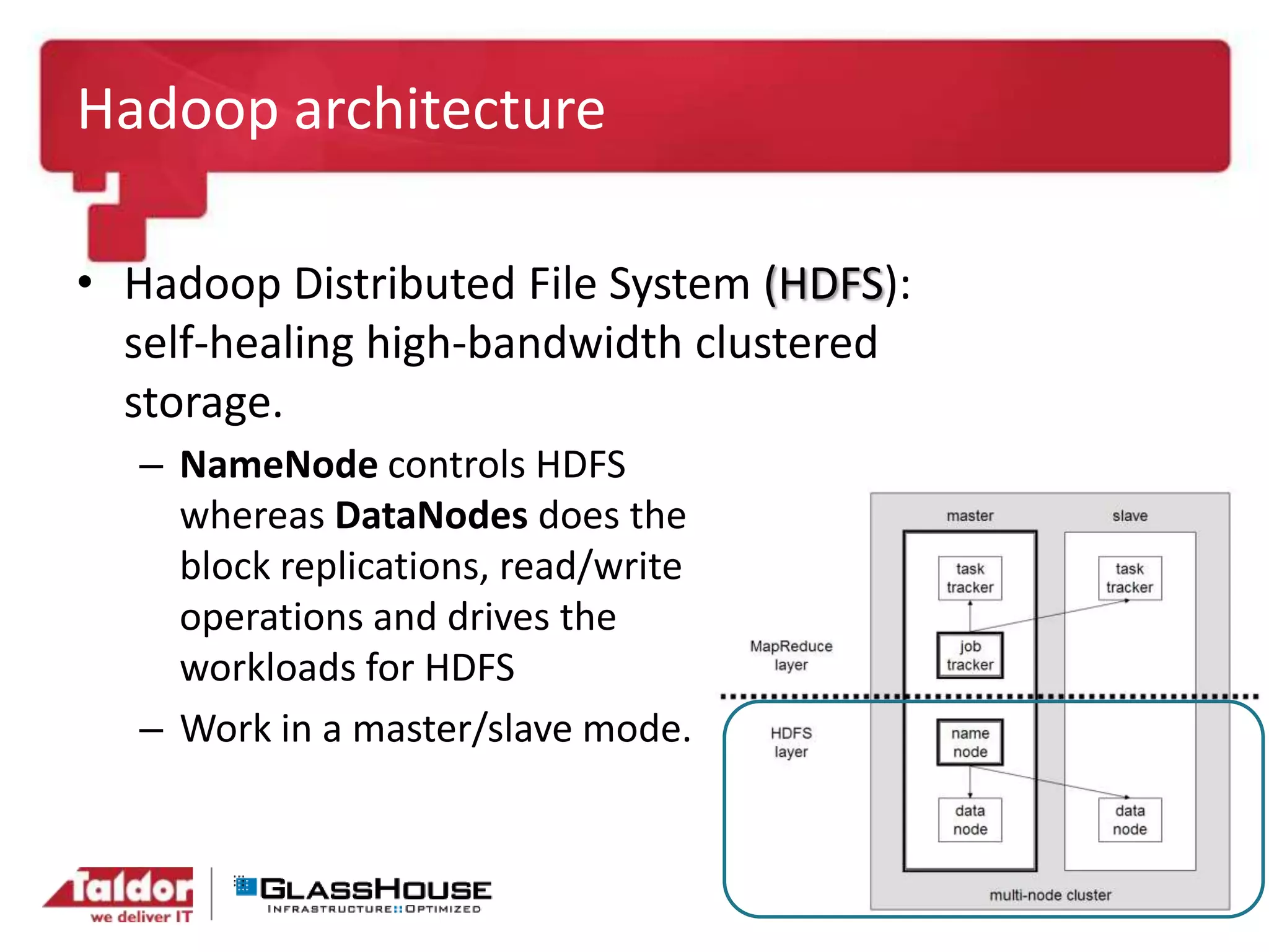 Hadoop architecture
• Hadoop Distributed File System (HDFS):
self-healing high-bandwidth clustered
storage.
– NameNode controls HDFS
whereas DataNodes does the
block replications, read/write
operations and drives the
workloads for HDFS
– Work in a master/slave mode.
 