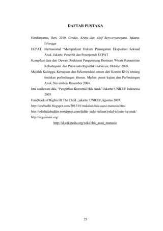DAFTAR PUSTAKA


Herdiawanto, Heri. 2010. Cerdas, Kritis dan Aktif Berwarganegara. Jakarta:
          Erlangga
ECPAT Internasional “Memperkuat Hukum Penanganan Eksploitasi Seksual
          Anak. Jakarta: Penerbit dan Penerjemah ECPAT
Kompilasi data dari Dewan Direktorat Pengembang Destinasi Wisata Kementrian
          Kebudayaan dan Pariwisata Republik Indonesia, Oktober 2008.
Majalah Kalingga, Kemajuan dan Rekomendasi umum dari Komite KHA tentang
          tindakan perlindungan khusus. Medan: pusat kajian dan Perlindungan
          Anak, November- Desember 2004.
Ima susilowati dkk, “Pengertian Konvensi Hak Anak” Jakarta: UNICEF Indonesia
          2003
Handbook of Rights Of The Child , jakarta: UNICEF,Agustus 2007.
http://oeebudhi.blogspot.com/2012/01/makalah-hak-asasi-manusia.html
http://odishalahuddin.wordpress.com/daftar-judul-tulisan/judul-tulisan-ttg-anak/
http://organisasi.org/
                  http://id.wikipedia.org/wiki/Hak_asasi_manusia




                                        25
 