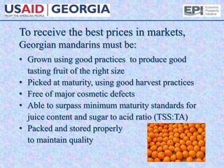To receive the best prices in markets,
Georgian mandarins must be:
• Grown using good practices to produce good
tasting fruit of the right size
• Picked at maturity, using good harvest practices
• Free of major cosmetic defects
• Able to surpass minimum maturity standards for
juice content and sugar to acid ratio (TSS:TA)
• Packed and stored properly
to maintain quality
 