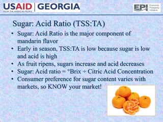 Sugar: Acid Ratio (TSS:TA)
• Sugar: Acid Ratio is the major component of
mandarin flavor
• Early in season, TSS:TA is low because sugar is low
and acid is high
• As fruit ripens, sugars increase and acid decreases
• Sugar: Acid ratio = °Brix ÷ Citric Acid Concentration
• Consumer preference for sugar content varies with
markets, so KNOW your market!
 