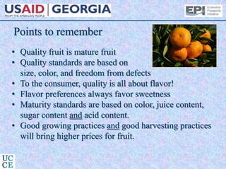 Points to remember
• Quality fruit is mature fruit
• Quality standards are based on
size, color, and freedom from defects
• To the consumer, quality is all about flavor!
• Flavor preferences always favor sweetness
• Maturity standards are based on color, juice content,
sugar content and acid content.
• Good growing practices and good harvesting practices
will bring higher prices for fruit.
 
