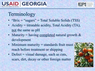 Terminology
• °Brix = “sugars” = Total Soluble Solids (TSS)
• Acidity = titratable acidity, Total Acidity (TA),
not the same as pH
• Maturity = having completed natural growth &
development
• Minimum maturity = standards fruit must
reach before treatment or shipping
• Defect = visual damage, such as cuts,
scars, dirt, decay or other foreign matter
 