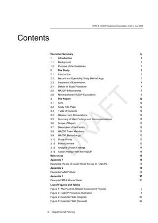 HIPAP 8: HAZOP Guidelines (Consultation Draft) | July 2008
iii | Department of Planning
Contents
Executive Summary iv
1 Introduction 1
1.1 Background 1
1.2 Purpose of the Guidelines 1
2 The Study 3
2.1 Introduction 3
2.2 Hazard and Operability Study Methodology 3
2.3 Sequence of Examination 4
2.4 Details of Study Procedure 4
2.5 HAZOP Effectiveness 5
2.6 Non-traditional HAZOP Equivalents 9
3 The Report 12
3.1 Aims 12
3.2 Study Title Page 12
3.3 Table of Contents 12
3.4 Glossary and Abbreviations 12
3.5 Summary of Main Findings and Recommendations 12
3.6 Scope of Report 12
3.7 Description of the Facility 12
3.8 HAZOP Team Members 13
3.9 HAZOP Methodology 13
3.10 Guide Words 13
3.11 Plant Overview 13
3.12 Analysis of Main Findings 14
3.13 Action Arising From the HAZOP 14
References 15
Appendix 1 16
Examples of Lists of Guide Words for use in HAZOPs 16
Appendix 2 18
Example HAZOP Study 18
Appendix 3 33
Example FMEA Minute Sheet 33
List of Figures and Tables
Figure 1: The Hazards-Related Assessment Process v
Figure 3: HAZOP Procedure Illustration 6
Figure 4: Example P&ID (Original) 26
Figure 5: Example P&ID (Revised) 32
 