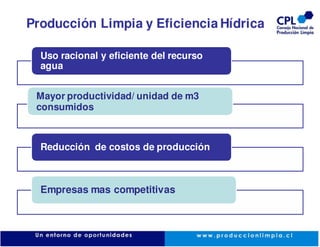 Producción Limpia y Eficiencia Hídrica

  Uso racional y eficiente del recurso
  agua


 Mayor productividad/ unidad de m3
 consumidos



  Reducción de costos de producción



  Empresas mas competitivas
 
