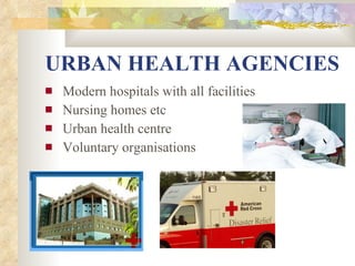 URBAN   HEALTH AGENCIES Modern hospitals with all facilities Nursing homes etc Urban health centre Voluntary organisations 