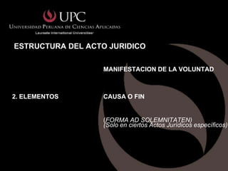 ESTRUCTURA DEL ACTO JURIDICO

                   MANIFESTACION DE LA VOLUNTAD



2. ELEMENTOS       CAUSA O FIN


                   (FORMA AD SOLEMNITATEN)
                   (Solo en ciertos Actos Jurídicos específicos)
 