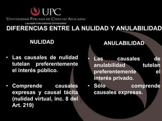 DIFERENCIAS ENTRE LA NULIDAD Y ANULABILIDAD

         NULIDAD                       ANULABILIDAD

• Las causales de nulidad        • Las      causales      de
  tutelan preferentemente          anulabilidad      tutelan
  el interés público.              preferentemente         el
                                   interés privado.
• Comprende          causales    • Sólo           comprende
  expresas y causal tácita         causales expresas.
  (nulidad virtual, inc. 8 del
  Art. 219)
 