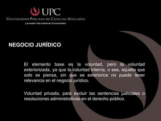 NEGOCIO JURÍDICO


    El elemento base es la voluntad, pero la voluntad
    exteriorizada, ya que la voluntad interna, o sea, aquella que
    solo se piensa, sin que se exteriorice no puede tener
    relevancia en el negocio jurídico.

    Voluntad privada, para excluir las sentencias judiciales o
    resoluciones administrativas en el derecho público.
 