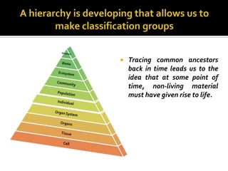    Tracing common ancestors
    back in time leads us to the
    idea that at some point of
    time, non-living material
    must have given rise to life.
 