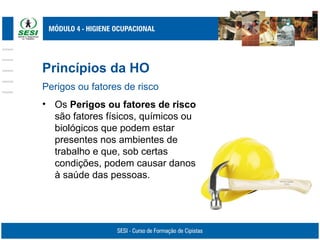 Princípios da HO
Perigos ou fatores de risco
• Os Perigos ou fatores de risco
são fatores físicos, químicos ou
biológicos que podem estar
presentes nos ambientes de
trabalho e que, sob certas
condições, podem causar danos
à saúde das pessoas.
 