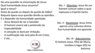 Séc. II - Docetismo: Jesus tinha
apenas uma natureza divina.
Sua humanidade era aparente
Séc. I - Ebionitas: Jesus foi um
homem comum sobre o qual
repousou o Espírito Santo.
Séc. III - Adocianismo:
O homem Jesus, filho de Maria,
recebeu o logos (ES) no
batismo.
Há uma questão na encarnação de Jesus:
Qual humanidade Jesus assumiu?
Igual a nossa?
Antes da queda ou depois da queda de Adão?
Naquela época essa questão dividia as opiniões .
E a depender da humanidade apontada:
- Jesus deixará de ser o Salvador
- O homem viverá sob a pretensão da
impecabilidade
- A salvação se dará por imitação.
- A Justificação não será pela fé em Cristo.
- E etc...
 