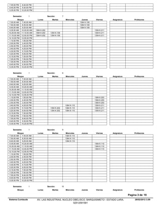 7.55.00 PM    8.40.00 PM
8.45.00 PM    9.30.00 PM
9.35.00 PM   10.20.00 PM


    Semestre:        1                   Sección:        7
          Bloque              Lunes           Martes          Miercoles      Jueves      Viernes     Asignatura       Profesores
 7.00.00 AM    7.45.00 AM                                                  1364 K-109
 7.50.00 AM    8.35.00 AM                                                  1364 K-109
 8.40.00 AM    9.25.00 AM                                                  1364 K-109
 9.35.00 AM 10.20.00 AM     1364 K-202                                                  1354 K-211
10.25.00 AM 11.10.00 AM     1364 K-202      1354 K-109                                  1354 K-211
11.15.00 AM 12.00.00 PM     1364 K-202      1354 K-109                                  1354 K-211
12.10.00 PM 12.55.00 PM
 1.10.00 PM    1.55.00 PM
 2.00.00 PM    2.45.00 PM
 2.50.00 PM    3.35.00 PM
 3.40.00 PM    4.25.00 PM
 4.30.00 PM    5.15.00 PM
 5.20.00 PM    6.05.00 PM
 6.15.00 PM    7.00.00 PM
 7.05.00 PM    7.50.00 PM
 7.55.00 PM    8.40.00 PM
 8.45.00 PM    9.30.00 PM
 9.35.00 PM 10.20.00 PM


    Semestre:        1                   Sección:        8
          Bloque              Lunes           Martes          Miercoles     Jueves       Viernes     Asignatura       Profesores
 7.00.00 AM    7.45.00 AM
 7.50.00 AM    8.35.00 AM
 8.40.00 AM    9.25.00 AM
 9.35.00 AM 10.20.00 AM
10.25.00 AM 11.10.00 AM
11.15.00 AM 12.00.00 PM
12.10.00 PM 12.55.00 PM
 1.10.00 PM    1.55.00 PM                                                               1364 K-203
 2.00.00 PM    2.45.00 PM                                                               1364 K-203
 2.50.00 PM    3.35.00 PM                                                               1364 K-203
 3.40.00 PM    4.25.00 PM                                     1364 K-110                1354 K-211
 4.30.00 PM    5.15.00 PM                   1354 K-202        1364 K-110                1354 K-211
 5.20.00 PM    6.05.00 PM                   1354 K-202        1364 K-110                1354 K-211
 6.15.00 PM    7.00.00 PM
 7.05.00 PM    7.50.00 PM
 7.55.00 PM    8.40.00 PM
 8.45.00 PM    9.30.00 PM
 9.35.00 PM 10.20.00 PM


    Semestre:        1                   Sección:        9
          Bloque              Lunes           Martes           Miercoles    Jueves       Viernes     Asignatura       Profesores
 7.00.00 AM    7.45.00 AM                                     1364 K-110
 7.50.00 AM    8.35.00 AM                                     1364 K-110
 8.40.00 AM    9.25.00 AM                                     1364 K-110
 9.35.00 AM 10.20.00 AM                                                                 1364 K-110
10.25.00 AM 11.10.00 AM                                                                 1364 K-110
11.15.00 AM 12.00.00 PM                                                                 1364 K-110
12.10.00 PM 12.55.00 PM
 1.10.00 PM    1.55.00 PM
 2.00.00 PM    2.45.00 PM
 2.50.00 PM    3.35.00 PM
 3.40.00 PM    4.25.00 PM
 4.30.00 PM    5.15.00 PM
 5.20.00 PM    6.05.00 PM
 6.15.00 PM    7.00.00 PM
 7.05.00 PM    7.50.00 PM
 7.55.00 PM    8.40.00 PM
 8.45.00 PM    9.30.00 PM
 9.35.00 PM 10.20.00 PM


    Semestre:        1                   Sección:        10
         Bloque               Lunes           Martes          Miercoles     Jueves       Viernes     Asignatura       Profesores

                                                                                                                  Pagina 3 de 19
Sistema Cumlaude             AV. LAS INDUSTRIAS. NUCLEO OBELISCO. BARQUISIMETO - ESTADO LARA.                          28/02/2012 3.09
                                                        02512591581
 