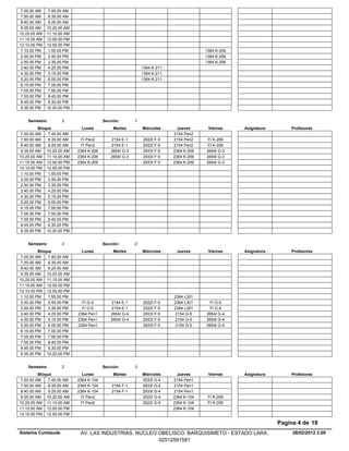 7.00.00 AM    7.45.00 AM
 7.50.00 AM    8.35.00 AM
 8.40.00 AM    9.25.00 AM
 9.35.00 AM   10.20.00 AM
10.25.00 AM   11.10.00 AM
11.15.00 AM   12.00.00 PM
12.10.00 PM   12.55.00 PM
 1.10.00 PM    1.55.00 PM                                                             1364 K-206
 2.00.00 PM    2.45.00 PM                                                             1364 K-206
 2.50.00 PM    3.35.00 PM                                                             1364 K-206
 3.40.00 PM    4.25.00 PM                                   1364 K-211
 4.30.00 PM    5.15.00 PM                                   1364 K-211
 5.20.00 PM    6.05.00 PM                                   1364 K-211
 6.15.00 PM    7.00.00 PM
 7.05.00 PM    7.50.00 PM
 7.55.00 PM    8.40.00 PM
 8.45.00 PM    9.30.00 PM
 9.35.00 PM   10.20.00 PM


    Semestre:        2                   Sección:       1
          Bloque              Lunes           Martes        Miercoles      Jueves      Viernes     Asignatura       Profesores
 7.00.00 AM    7.45.00 AM                                                2154 Pen2
 7.50.00 AM    8.35.00 AM     FI Pen2       2154 E-1        2022I F-5    2154 Pen2     FI K-206
 8.40.00 AM    9.25.00 AM     FI Pen2       2154 E-1        2022I F-5    2154 Pen2     FI K-206
 9.35.00 AM 10.20.00 AM     2364 K-206      2654I G-3       2933I F-5    2364 K-206   2654I G-3
10.25.00 AM 11.10.00 AM     2364 K-206      2654I G-3       2933I F-5    2364 K-206   2654I G-3
11.15.00 AM 12.00.00 PM     2364 K-206                      2933I F-5    2364 K-206   2654I G-3
12.10.00 PM 12.55.00 PM
 1.10.00 PM    1.55.00 PM
 2.00.00 PM    2.45.00 PM
 2.50.00 PM    3.35.00 PM
 3.40.00 PM    4.25.00 PM
 4.30.00 PM    5.15.00 PM
 5.20.00 PM    6.05.00 PM
 6.15.00 PM    7.00.00 PM
 7.05.00 PM    7.50.00 PM
 7.55.00 PM    8.40.00 PM
 8.45.00 PM    9.30.00 PM
 9.35.00 PM 10.20.00 PM


    Semestre:        2                   Sección:       2
          Bloque              Lunes           Martes        Miercoles     Jueves       Viernes     Asignatura       Profesores
 7.00.00 AM    7.45.00 AM
 7.50.00 AM    8.35.00 AM
 8.40.00 AM    9.25.00 AM
 9.35.00 AM 10.20.00 AM
10.25.00 AM 11.10.00 AM
11.15.00 AM 12.00.00 PM
12.10.00 PM 12.55.00 PM
 1.10.00 PM    1.55.00 PM                                                2364 L301
 2.00.00 PM    2.45.00 PM     FI G-5        2154 E-1        2022I F-5    2364 L301     FI G-5
 2.50.00 PM    3.35.00 PM     FI G-5        2154 E-1        2022I F-5    2364 L301     FI G-5
 3.40.00 PM    4.25.00 PM   2364 Pen1       2654I G-4       2933I F-5     2154 G-5    2654I G-4
 4.30.00 PM    5.15.00 PM   2364 Pen1       2654I G-4       2933I F-5     2154 G-5    2654I G-4
 5.20.00 PM    6.05.00 PM   2364 Pen1                       2933I F-5     2154 G-5    2654I G-4
 6.15.00 PM    7.00.00 PM
 7.05.00 PM    7.50.00 PM
 7.55.00 PM    8.40.00 PM
 8.45.00 PM    9.30.00 PM
 9.35.00 PM 10.20.00 PM


    Semestre:        2                   Sección:       3
          Bloque              Lunes           Martes        Miercoles      Jueves      Viernes     Asignatura       Profesores
 7.00.00 AM    7.45.00 AM   2364 K-104                      2933I G-4    2154 Pen1
 7.50.00 AM    8.35.00 AM   2364 K-104       2154 F-1       2933I G-4    2154 Pen1
 8.40.00 AM    9.25.00 AM   2364 K-104       2154 F-1       2933I G-4    2154 Pen1
 9.35.00 AM 10.20.00 AM       FI Pen2                       2022I G-4    2364 K-104    FI K-206
10.25.00 AM 11.10.00 AM       FI Pen2                       2022I G-4    2364 K-104    FI K-206
11.15.00 AM 12.00.00 PM                                                  2364 K-104
12.10.00 PM 12.55.00 PM

                                                                                                                Pagina 4 de 19
Sistema Cumlaude             AV. LAS INDUSTRIAS. NUCLEO OBELISCO. BARQUISIMETO - ESTADO LARA.                        28/02/2012 3.09
                                                        02512591581
 