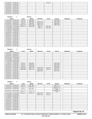 3.40.00 PM     4.25.00 PM                                                 3154 F-3
4.30.00 PM     5.15.00 PM
5.20.00 PM     6.05.00 PM
6.15.00 PM     7.00.00 PM
7.05.00 PM     7.50.00 PM
7.55.00 PM     8.40.00 PM
8.45.00 PM     9.30.00 PM
9.35.00 PM    10.20.00 PM


    Semestre:        4                   Sección:        1
          Bloque              Lunes           Martes         Miercoles     Jueves       Viernes        Asignatura       Profesores
 7.00.00 AM    7.45.00 AM    4154 G-4       4255 Pen2                                  4344 K-205
 7.50.00 AM    8.35.00 AM    4154 G-4       4255 Pen2        4932 K-104                4344 K-205
 8.40.00 AM    9.25.00 AM    4154 G-4       4255 Pen2        4932 K-104                4255 K-205
 9.35.00 AM 10.20.00 AM     4443 K-110      4344 K-205       4932 K-104                4255 K-205
10.25.00 AM 11.10.00 AM     4443 K-110      4344 K-205        4443 J-3    4154 L301
11.15.00 AM 12.00.00 PM                                       4443 J-3    4154 L301
12.10.00 PM 12.55.00 PM
 1.10.00 PM    1.55.00 PM
 2.00.00 PM    2.45.00 PM
 2.50.00 PM    3.35.00 PM
 3.40.00 PM    4.25.00 PM
 4.30.00 PM    5.15.00 PM
 5.20.00 PM    6.05.00 PM
 6.15.00 PM    7.00.00 PM
 7.05.00 PM    7.50.00 PM
 7.55.00 PM    8.40.00 PM
 8.45.00 PM    9.30.00 PM
 9.35.00 PM 10.20.00 PM


    Semestre:        4                   Sección:        2
          Bloque              Lunes           Martes         Miercoles     Jueves        Viernes       Asignatura       Profesores
 7.00.00 AM    7.45.00 AM
 7.50.00 AM    8.35.00 AM
 8.40.00 AM    9.25.00 AM
 9.35.00 AM 10.20.00 AM
10.25.00 AM 11.10.00 AM
11.15.00 AM 12.00.00 PM
12.10.00 PM 12.55.00 PM
 1.10.00 PM    1.55.00 PM    4154 G-4       4255 Pen2                                  4344 K-205
 2.00.00 PM    2.45.00 PM    4154 G-4       4255 Pen2                                  4344 K-205
 2.50.00 PM    3.35.00 PM    4154 G-4       4255 Pen2                                  4255 Pen2
 3.40.00 PM    4.25.00 PM   4344 K-205      4443 K-103       4932 K-202   4154 G-3     4255 Pen2
 4.30.00 PM    5.15.00 PM   4344 K-205      4443 K-103       4932 K-202   4154 G-3     4443 K-213
 5.20.00 PM    6.05.00 PM                                    4932 K-202                4443 K-213
 6.15.00 PM    7.00.00 PM
 7.05.00 PM    7.50.00 PM
 7.55.00 PM    8.40.00 PM
 8.45.00 PM    9.30.00 PM
 9.35.00 PM 10.20.00 PM


    Semestre:        4                   Sección:        3
         Bloque              Lunes            Martes         Miercoles     Jueves        Viernes       Asignatura       Profesores
7.00.00 AM    7.45.00 AM    4154 G-3        4255 LAB 1                                  4344 K-110
7.50.00 AM    8.35.00 AM    4154 G-3        4255 LAB 1                                  4344 K-110
8.40.00 AM    9.25.00 AM                                                              4255 L201 Lab.
                            4154 G-3        4255 LAB 1
                                                                                          Fisica
9.35.00 AM    10.20.00 AM                                                             4255 L201 Lab.
                            4443 K-111      4344 K-110
                                                                                          Fisica
10.25.00 AM   11.10.00 AM   4443 K-111      4344 K-110       4443 K-103   4154 J-3
11.15.00 AM   12.00.00 PM                                    4443 K-103   4154 J-3
12.10.00 PM   12.55.00 PM
 1.10.00 PM    1.55.00 PM
 2.00.00 PM    2.45.00 PM
 2.50.00 PM    3.35.00 PM
 3.40.00 PM    4.25.00 PM
 4.30.00 PM    5.15.00 PM
 5.20.00 PM    6.05.00 PM
 6.15.00 PM    7.00.00 PM
 7.05.00 PM    7.50.00 PM
 7.55.00 PM    8.40.00 PM
                                                                                                                    Pagina 9 de 19
Sistema Cumlaude             AV. LAS INDUSTRIAS. NUCLEO OBELISCO. BARQUISIMETO - ESTADO LARA.                            28/02/2012 3.09
                                                        02512591581
 