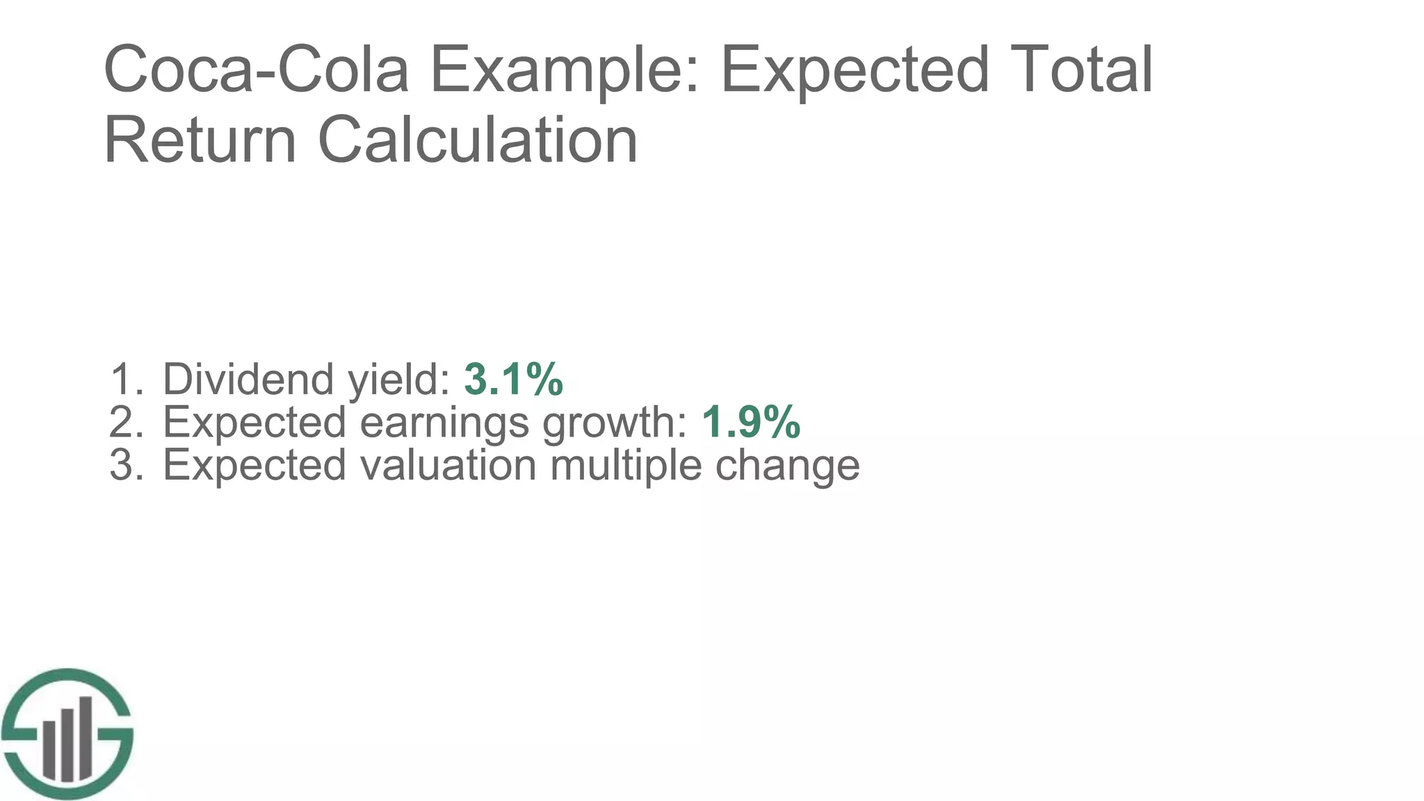 Coca-Cola Example: Expected Total
Return Calculation
1. Dividend yield: 3.1%
2. Expected earnings growth: 1.9%
3. Expected valuation multiple change
 