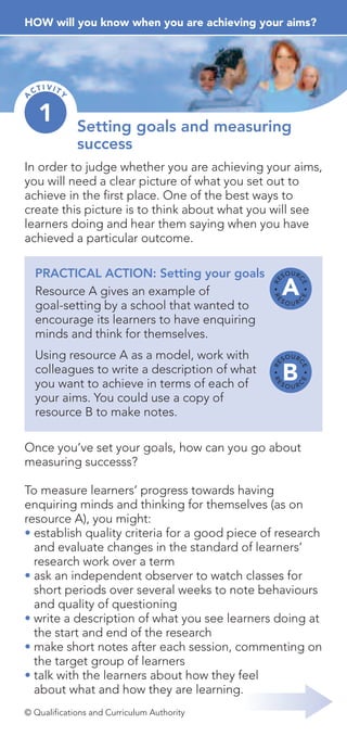 In order to judge whether you are achieving your aims,
you will need a clear picture of what you set out to
achieve in the first place. One of the best ways to
create this picture is to think about what you will see
learners doing and hear them saying when you have
achieved a particular outcome.
HOW will you know when you are achieving your aims?A
CTI VIT
Y
Setting goals and measuring
success
1
PRACTICAL ACTION: Setting your goals
Resource A gives an example of
goal-setting by a school that wanted to
encourage its learners to have enquiring
minds and think for themselves.
Using resource A as a model, work with
colleagues to write a description of what
you want to achieve in terms of each of
your aims. You could use a copy of
resource B to make notes.
RE SOUR
C
E
•RE
S O U RC
E•
RE
SOUR
C
E
•RE
S O U R
C
E•
Once you’ve set your goals, how can you go about
measuring successs?
To measure learners’ progress towards having
enquiring minds and thinking for themselves (as on
resource A), you might:
• establish quality criteria for a good piece of research
and evaluate changes in the standard of learners’
research work over a term
• ask an independent observer to watch classes for
short periods over several weeks to note behaviours
and quality of questioning
• write a description of what you see learners doing at
the start and end of the research
• make short notes after each session, commenting on
the target group of learners
• talk with the learners about how they feel
about what and how they are learning.
© Qualifications and Curriculum Authority
 