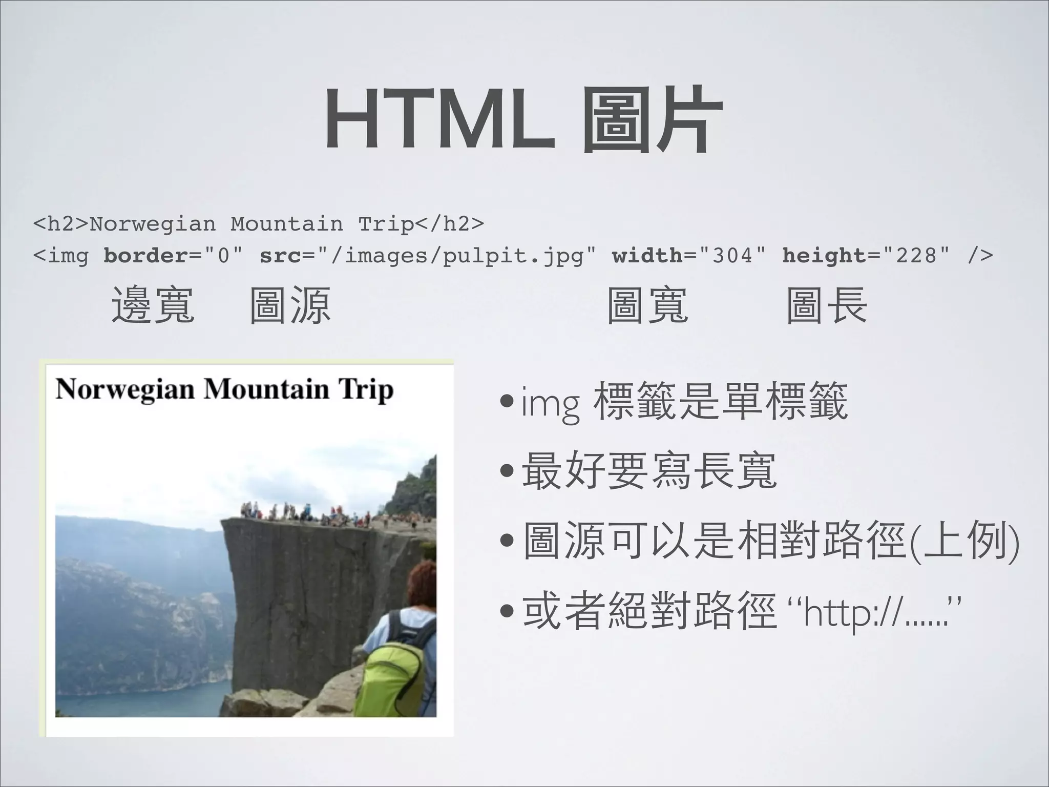 <h2>Norwegian Mountain Trip</h2>
<img border="0" src="/images/pulpit.jpg" width="304" height="228" />




                                •img
                                •
                                •                              (       )
                                •                    “http://......”
 
