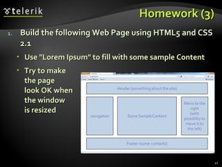Homework (3) Build the following Web Page using HTML5 and CSS 2.1 Use "Lorem Ipsum" to fill with some sample Content Try to make  the page look OK when the window  is resized 
