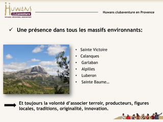 Huwans clubaventure en Provence

 Une présence dans tous les massifs environnants:

• Sainte Victoire
• Calanques

•

Garlaban

•

Alpilles

•

Luberon

•

Sainte Baume…

Et toujours la volonté d’associer terroir, producteurs, figures
locales, traditions, originalité, innovation.

 