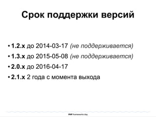 ● 1.2.x до 2014-03-17 (не поддерживается)
● 1.3.х до 2015-05-08 (не поддерживается)
● 2.0.х до 2016-04-17
● 2.1.х 2 года с момента выхода
Срок поддержки версий
 